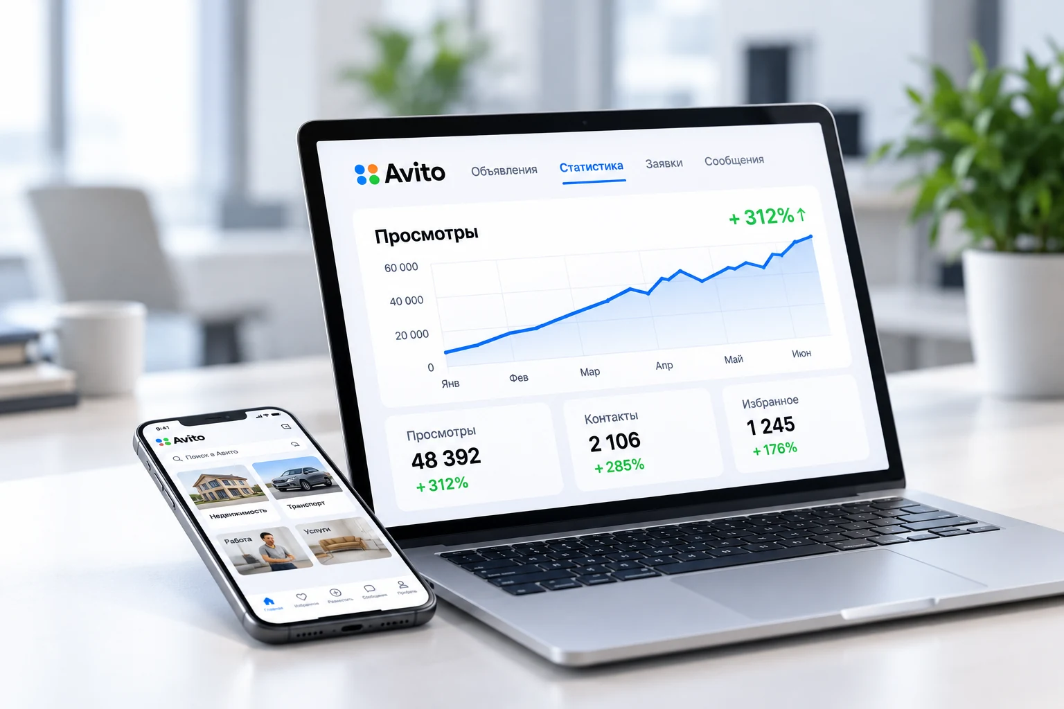 Ноутбук и смартфон с панелью аналитики